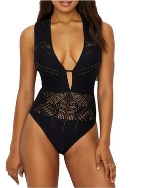 Kenneth Cole Black Laser-Cut Plunge One-Piece Swimsuit